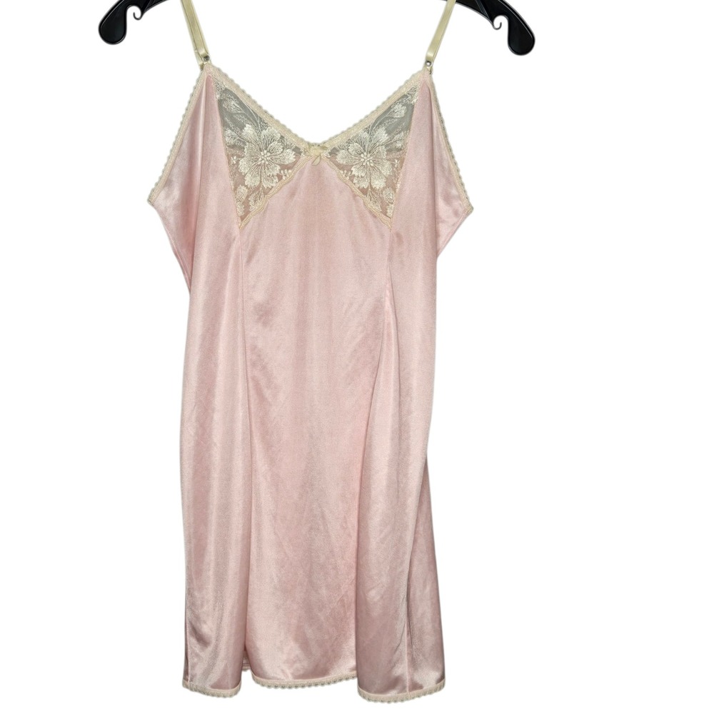 Vintage Pink Satin Lace Slip Dress Coquette Cottagecore Camisole Mini Nightgown